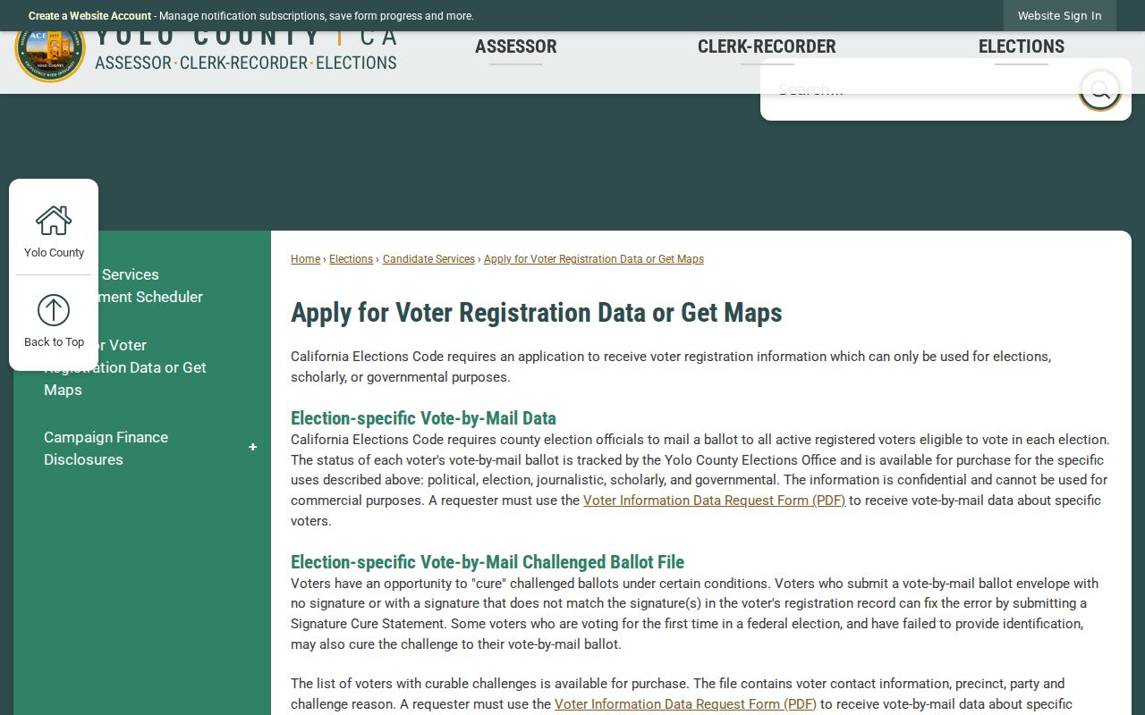 West Sacramento voter registration data request information from Yolo County Elections